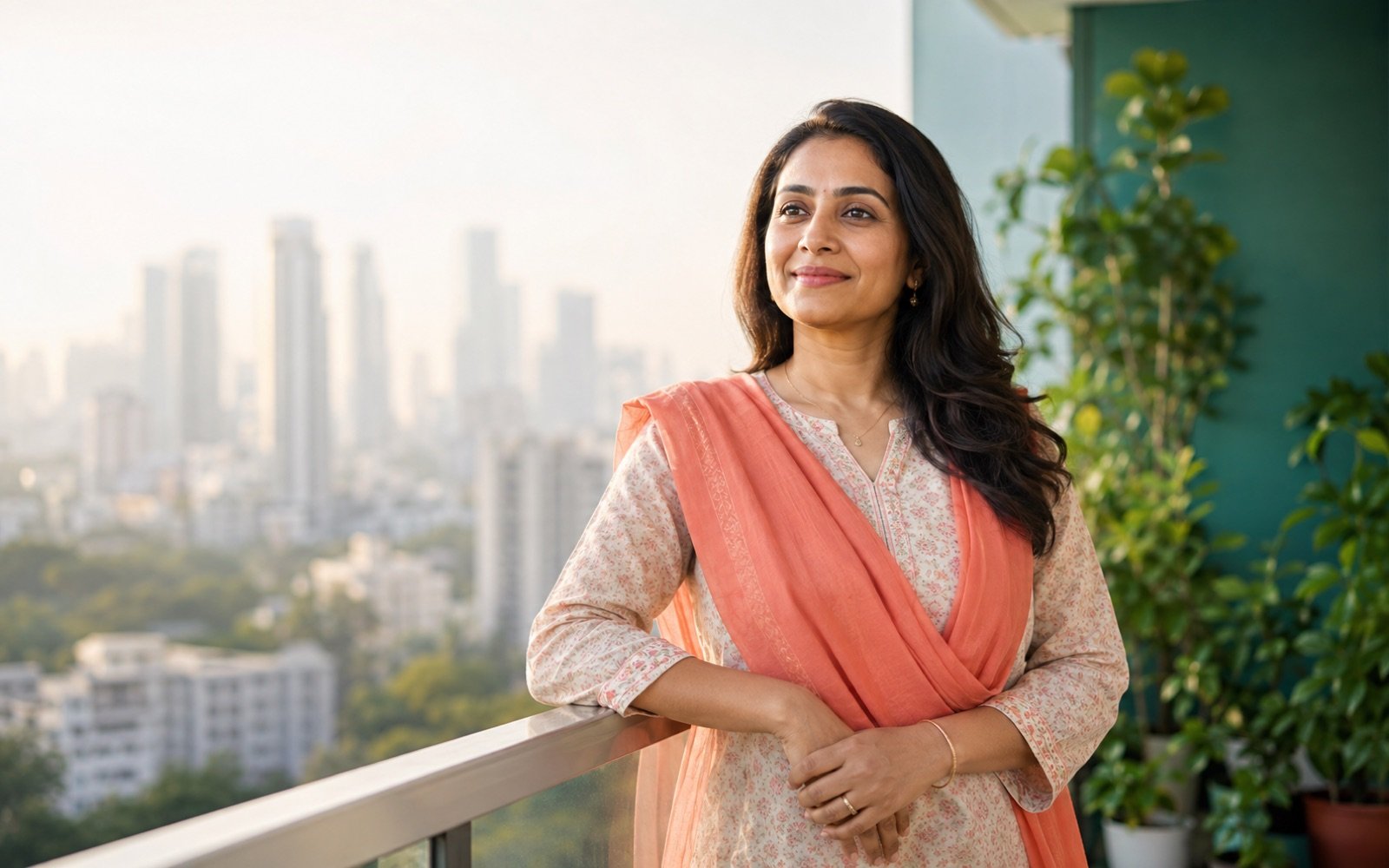 Confident Indian woman looking forward after personalised fibroid care